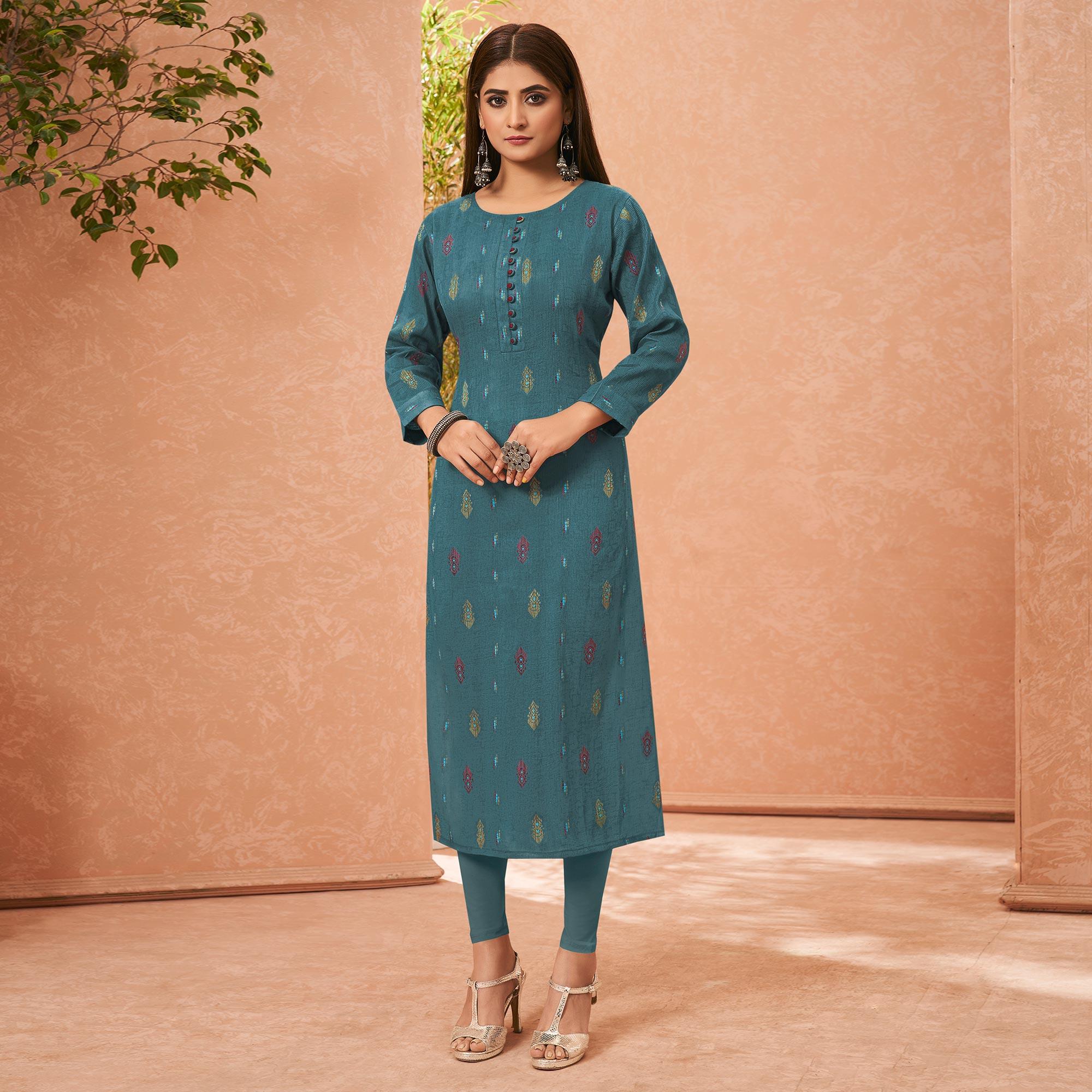 Blue Embroidered Pure Cotton Kurti - Peachmode