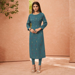 Blue Embroidered Pure Cotton Kurti - Peachmode