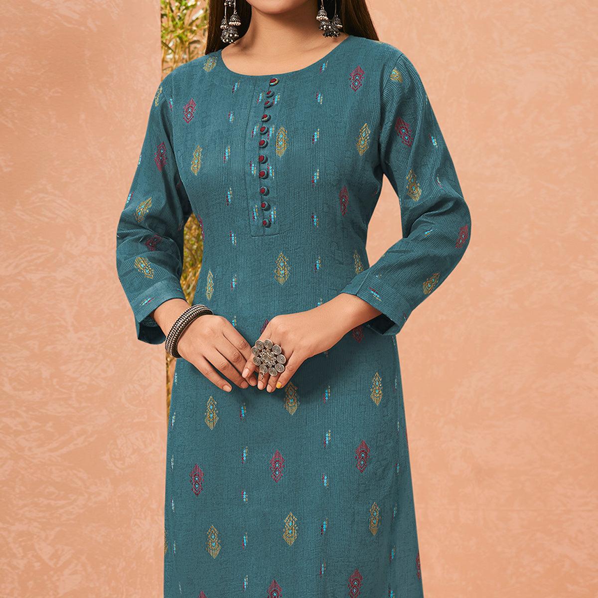 Blue Embroidered Pure Cotton Kurti - Peachmode