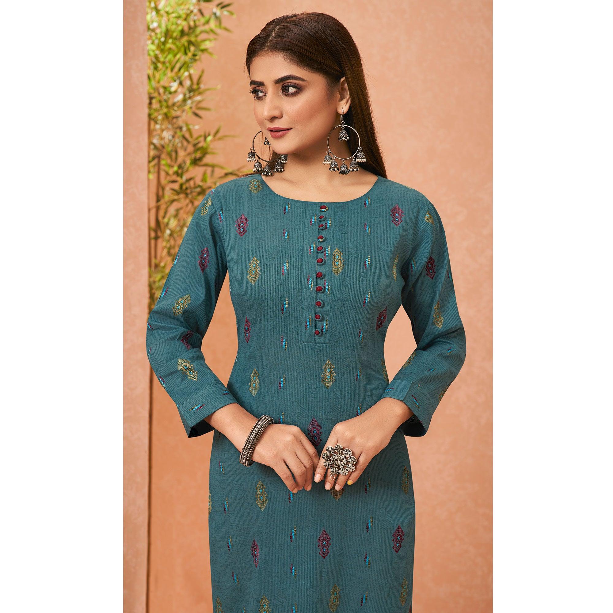 Blue Embroidered Pure Cotton Kurti - Peachmode