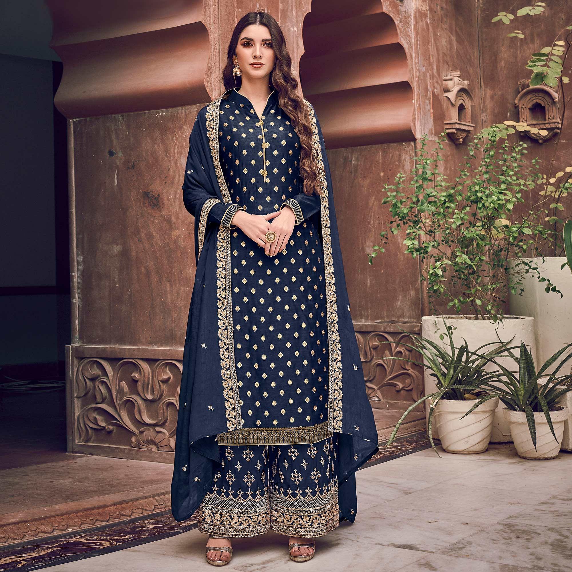 Blue Embroidered Pure Dola Jacquard Partywear Suit - Peachmode