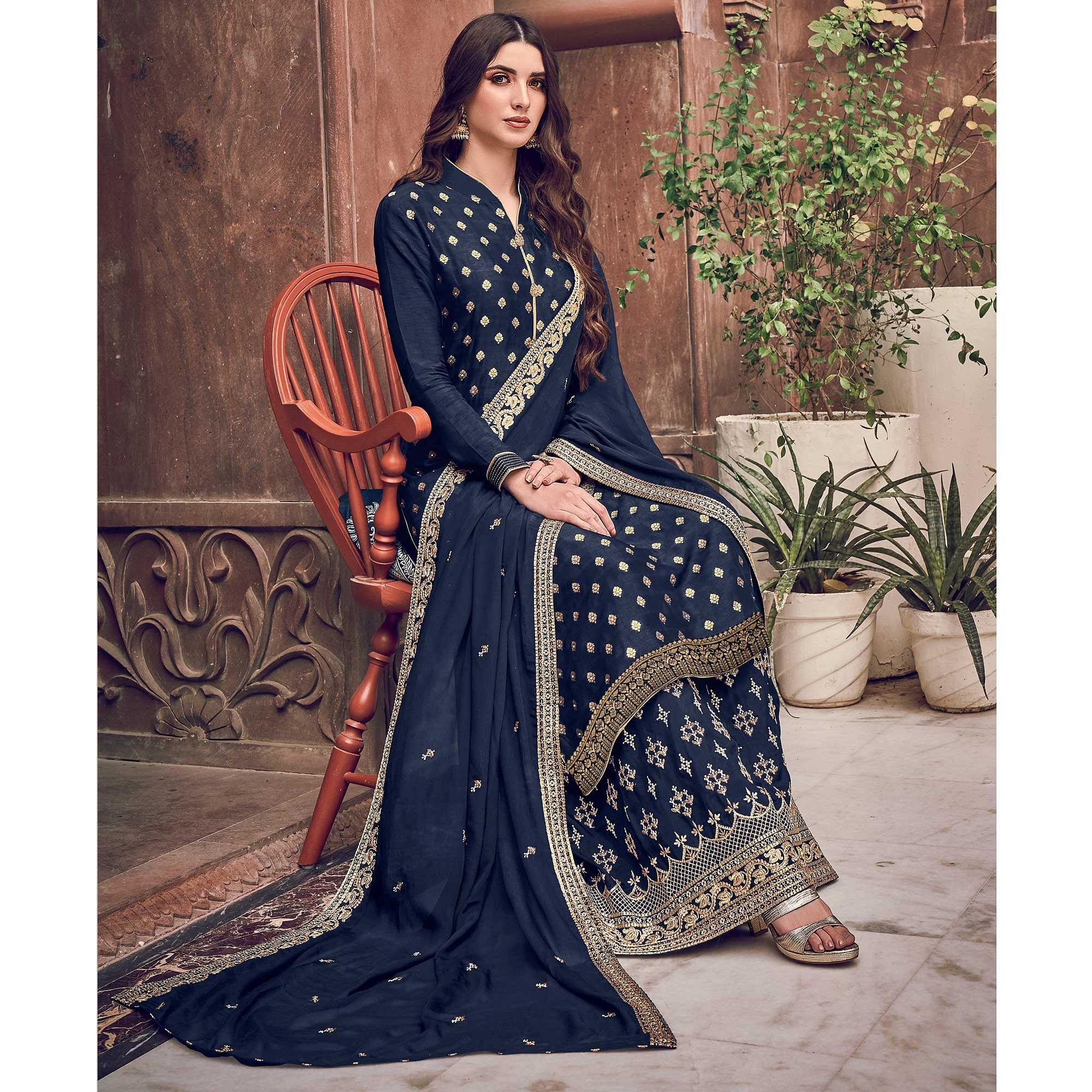 Blue Embroidered Pure Dola Jacquard Partywear Suit - Peachmode