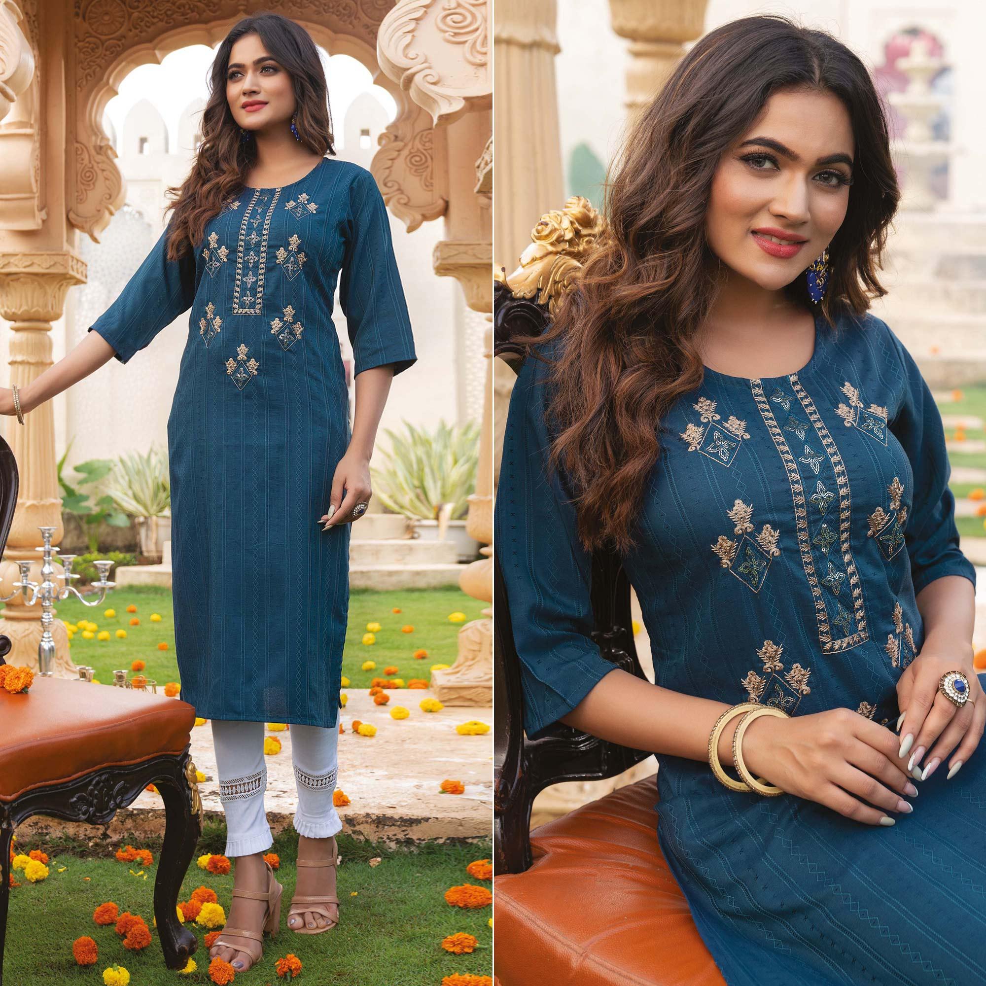 Blue Embroidered Rayon Kurti - Peachmode