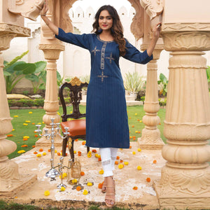 Blue Embroidered Rayon Kurti - Peachmode