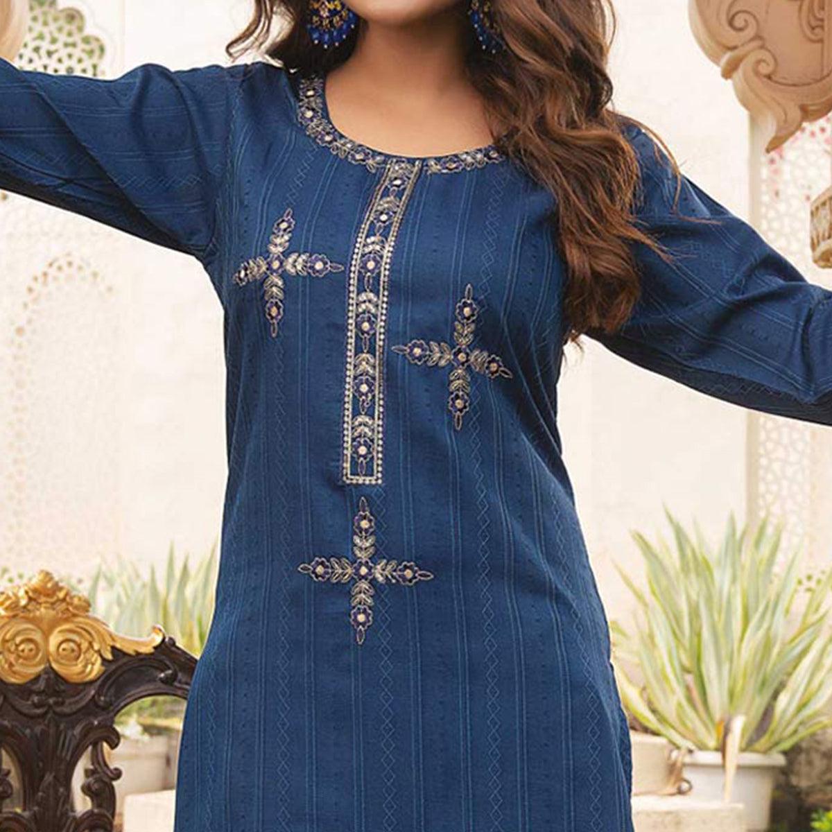 Blue Embroidered Rayon Kurti - Peachmode