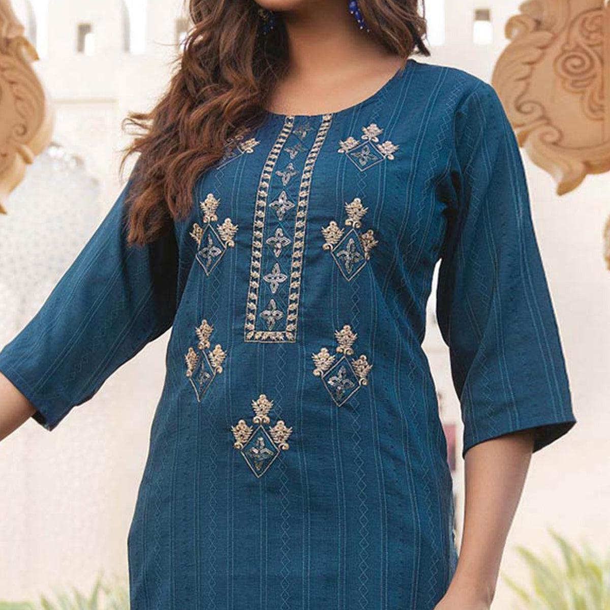 Blue Embroidered Rayon Kurti - Peachmode