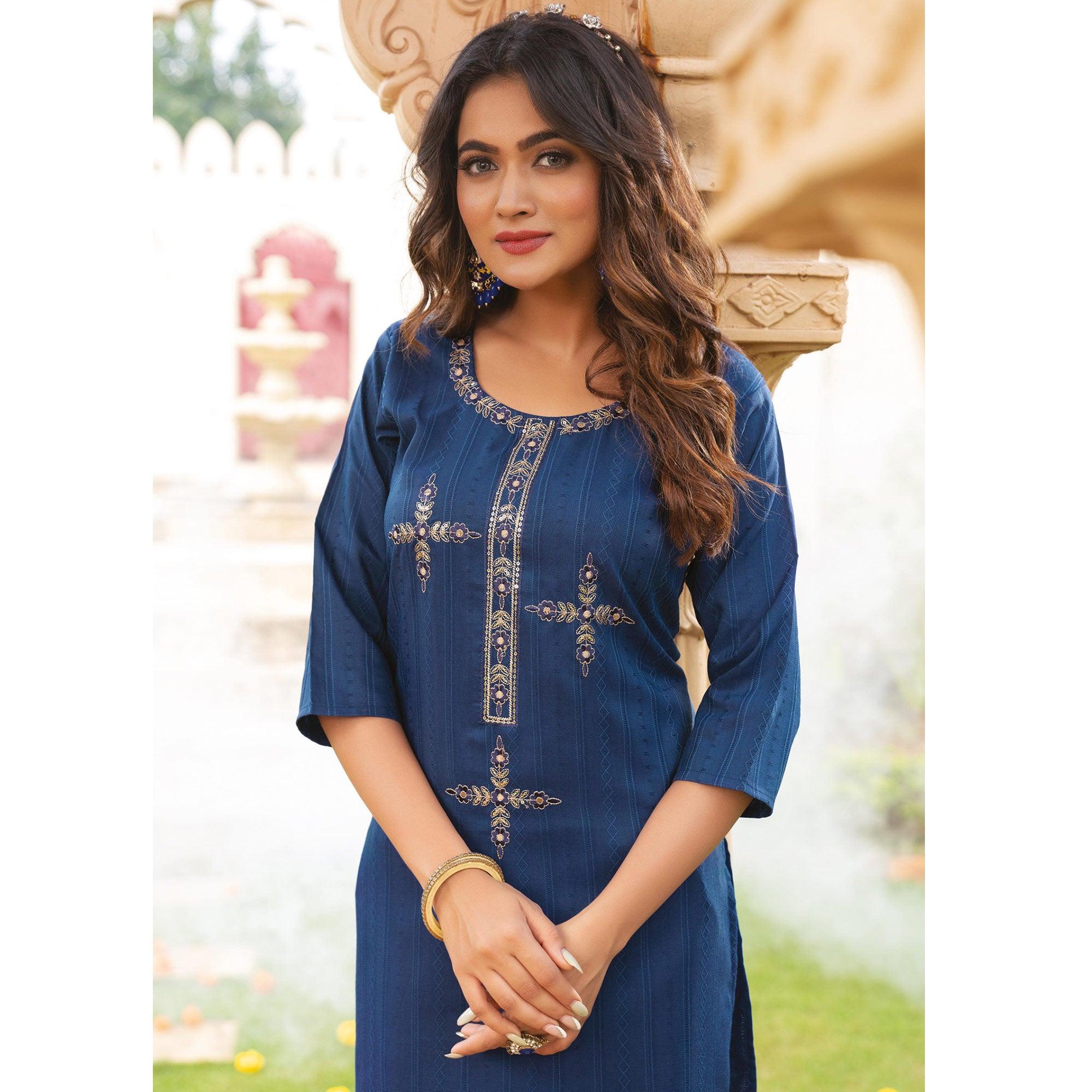Blue Embroidered Rayon Kurti - Peachmode