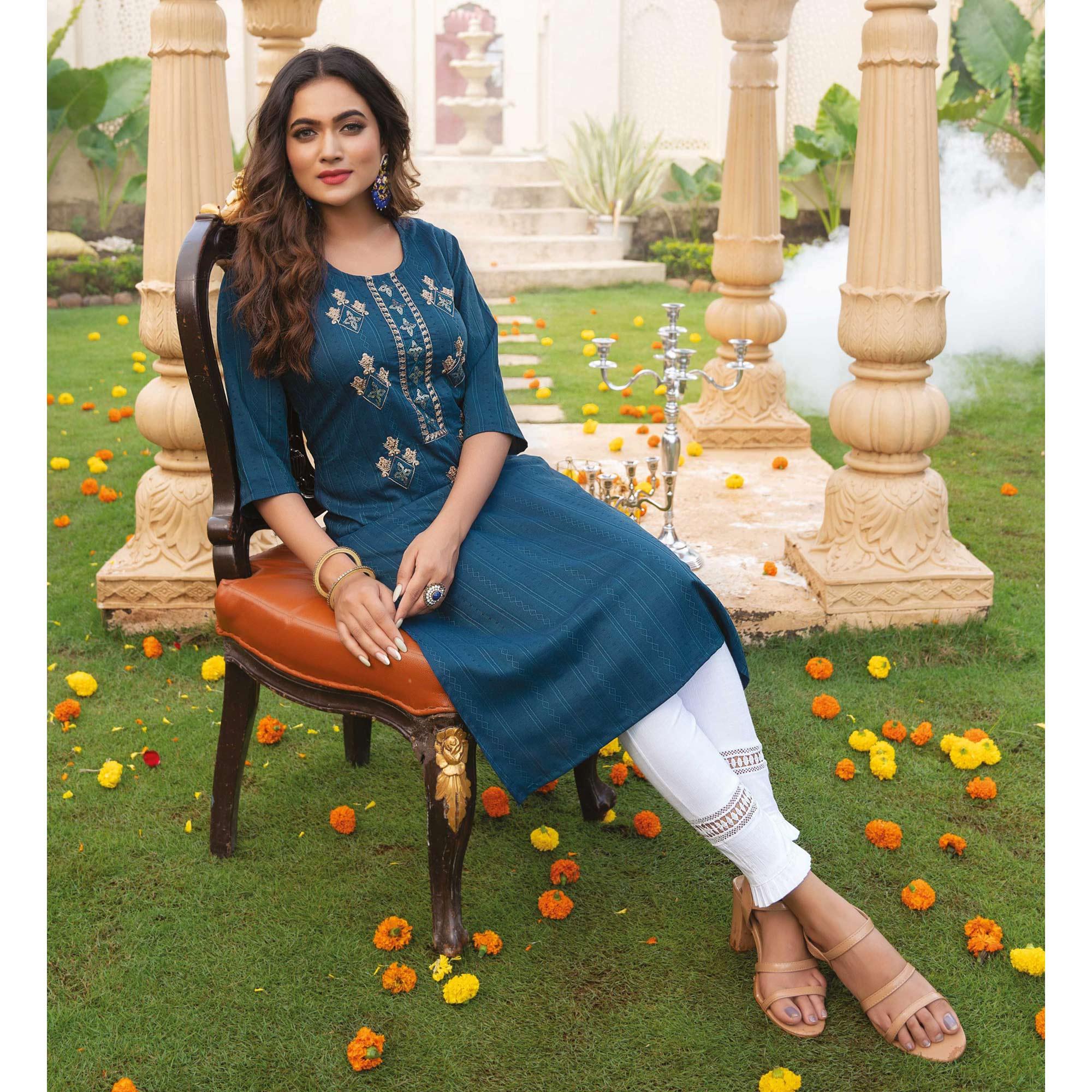 Blue Embroidered Rayon Kurti - Peachmode
