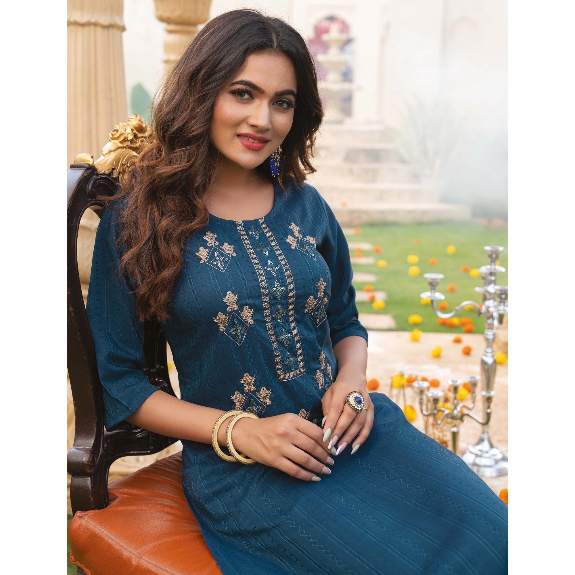 Blue Embroidered Rayon Kurti - Peachmode