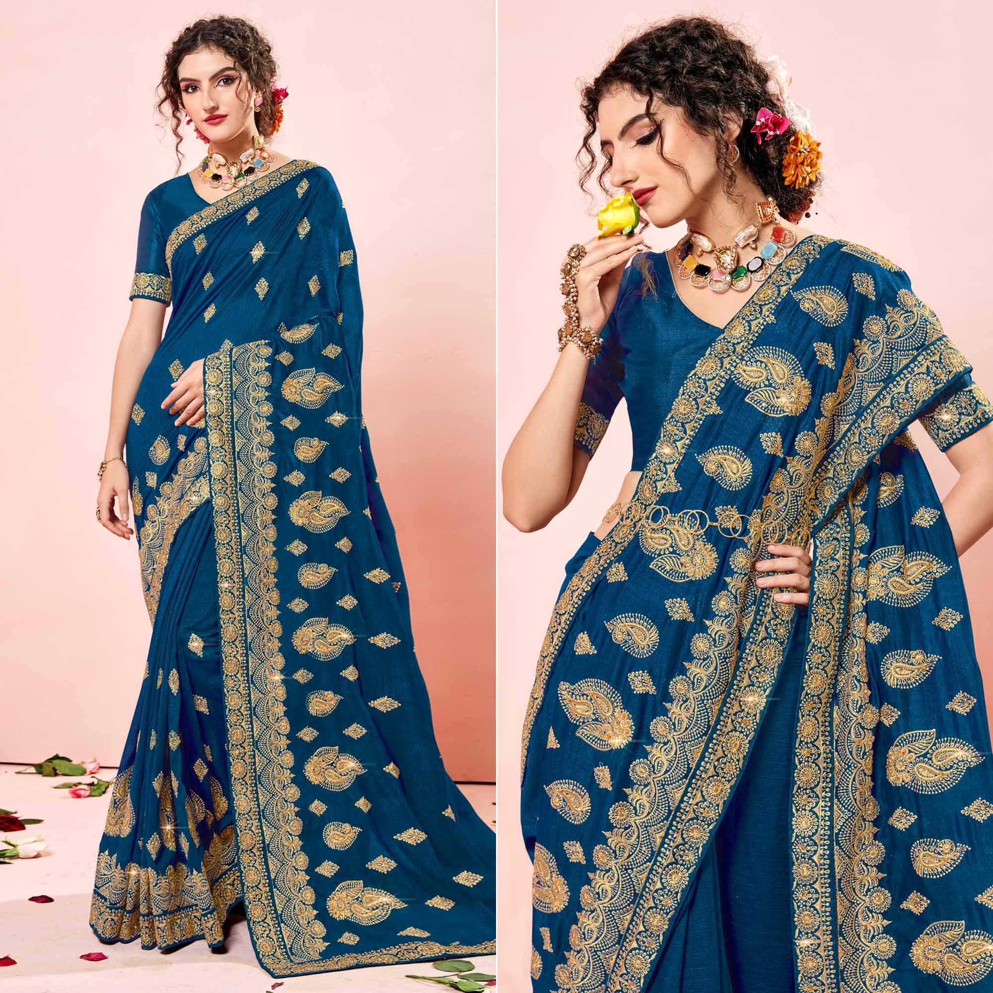 Blue Embroidered Vichitra Silk Saree - Peachmode