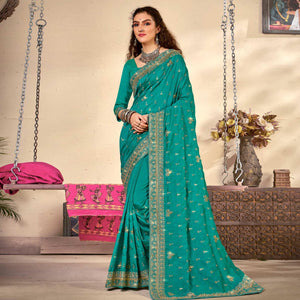 Blue Embroidered Vichitra Silk Saree - Peachmode