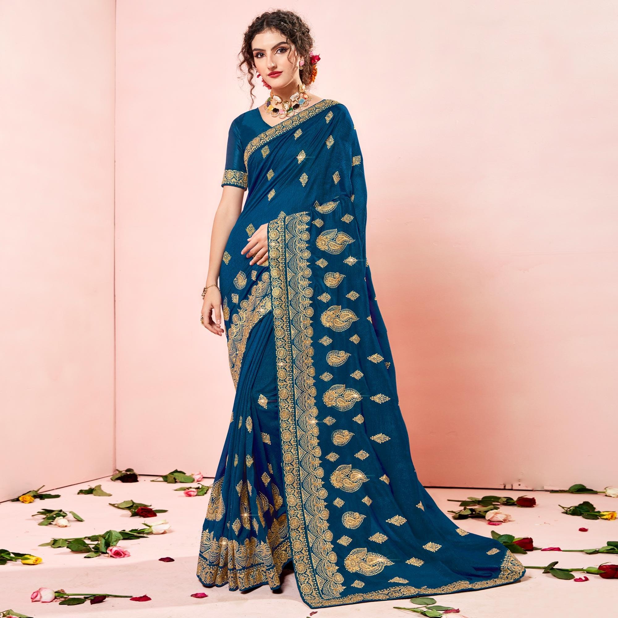 Blue Embroidered Vichitra Silk Saree - Peachmode