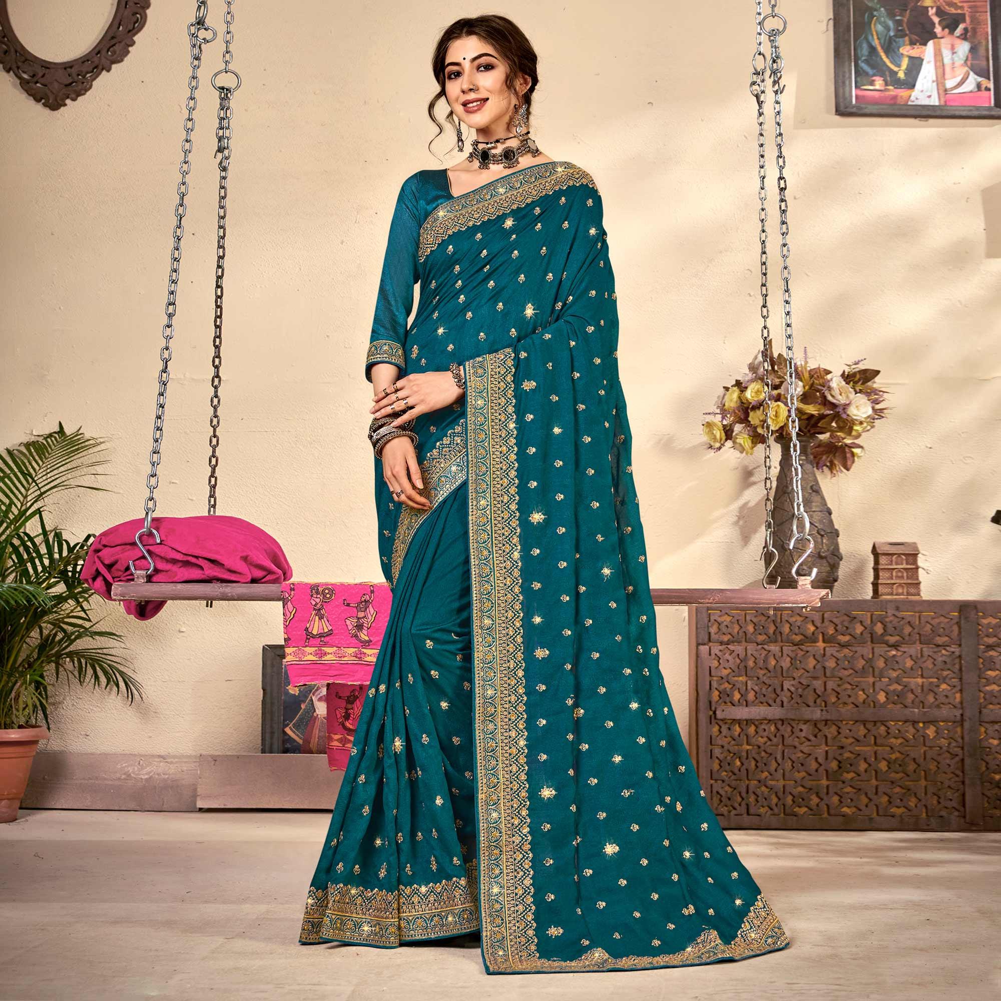 Blue Embroidered Vichitra Silk Saree - Peachmode