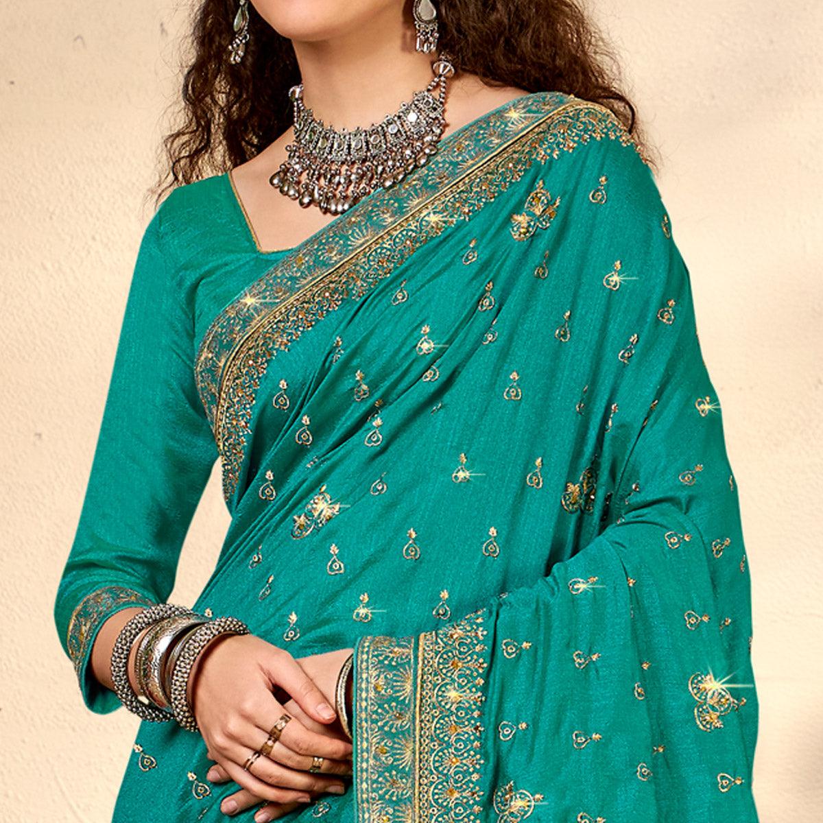 Blue Embroidered Vichitra Silk Saree - Peachmode