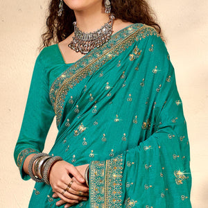 Blue Embroidered Vichitra Silk Saree - Peachmode