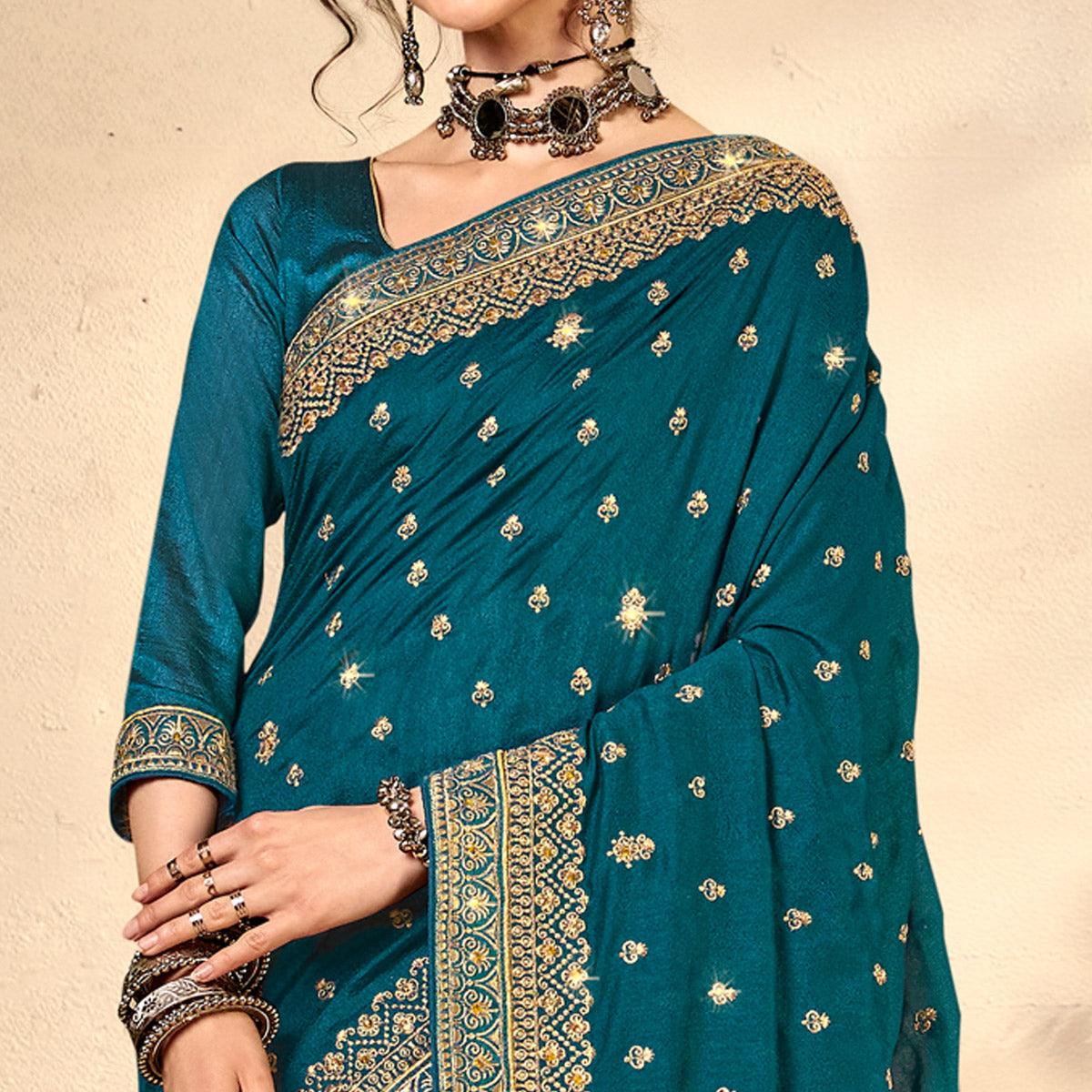 Blue Embroidered Vichitra Silk Saree - Peachmode