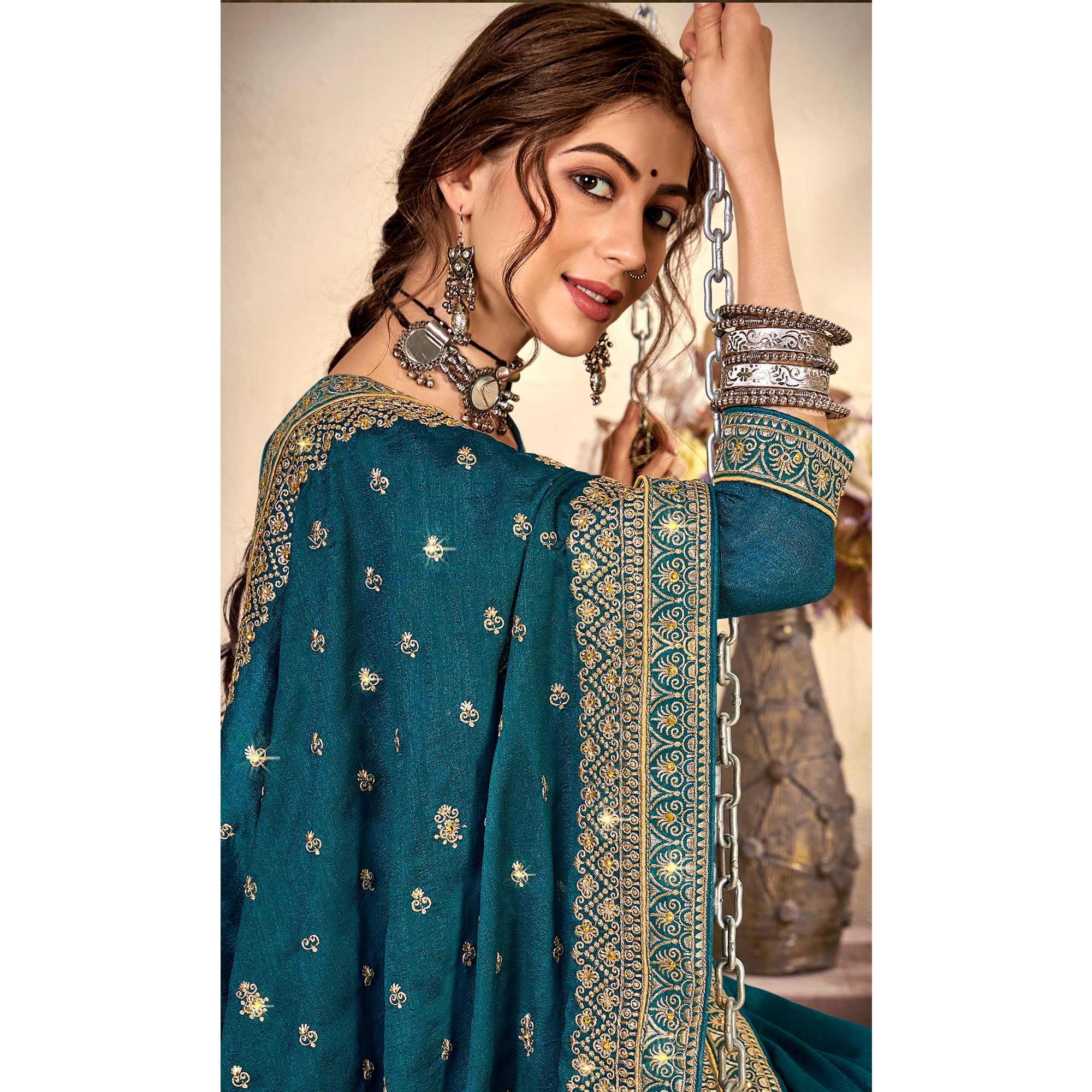 Blue Embroidered Vichitra Silk Saree - Peachmode