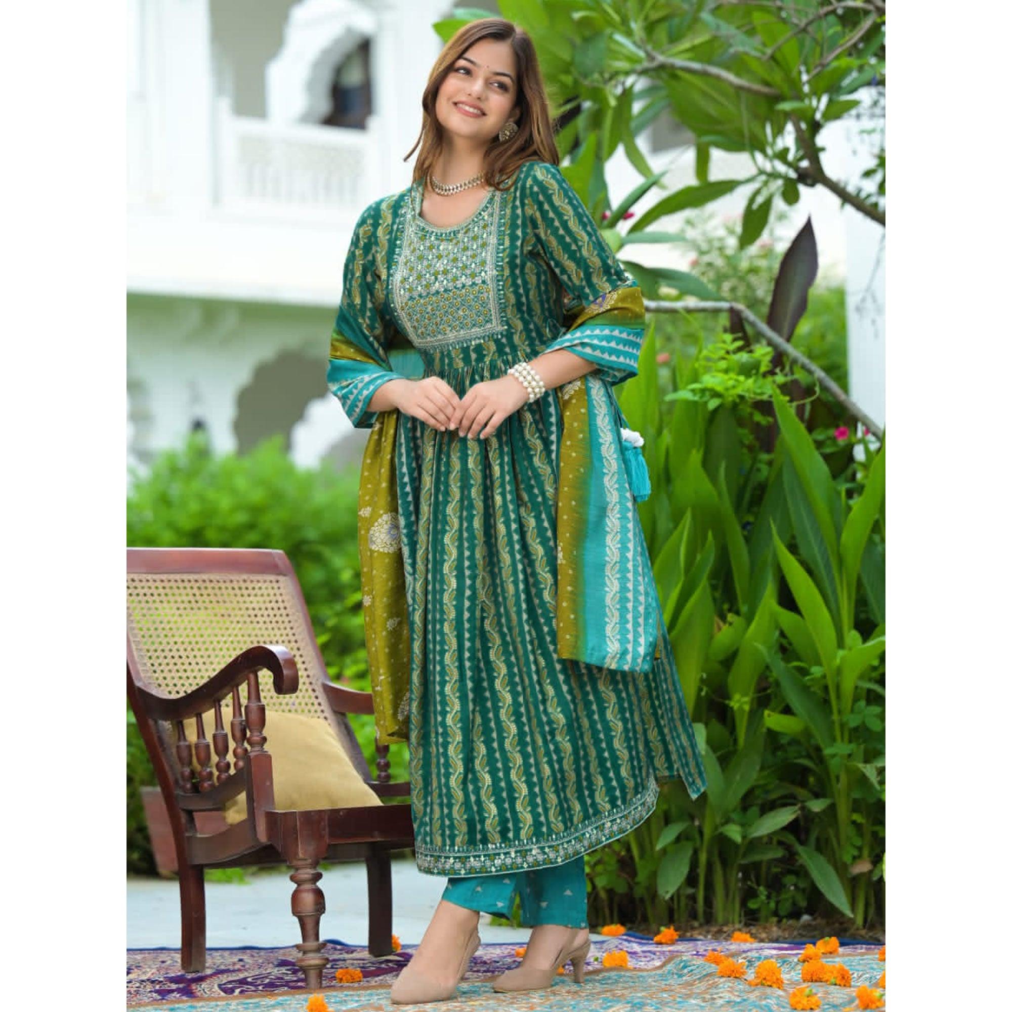 Blue Embroidered With Embellished Chanderi Salwar Suit - Peachmode