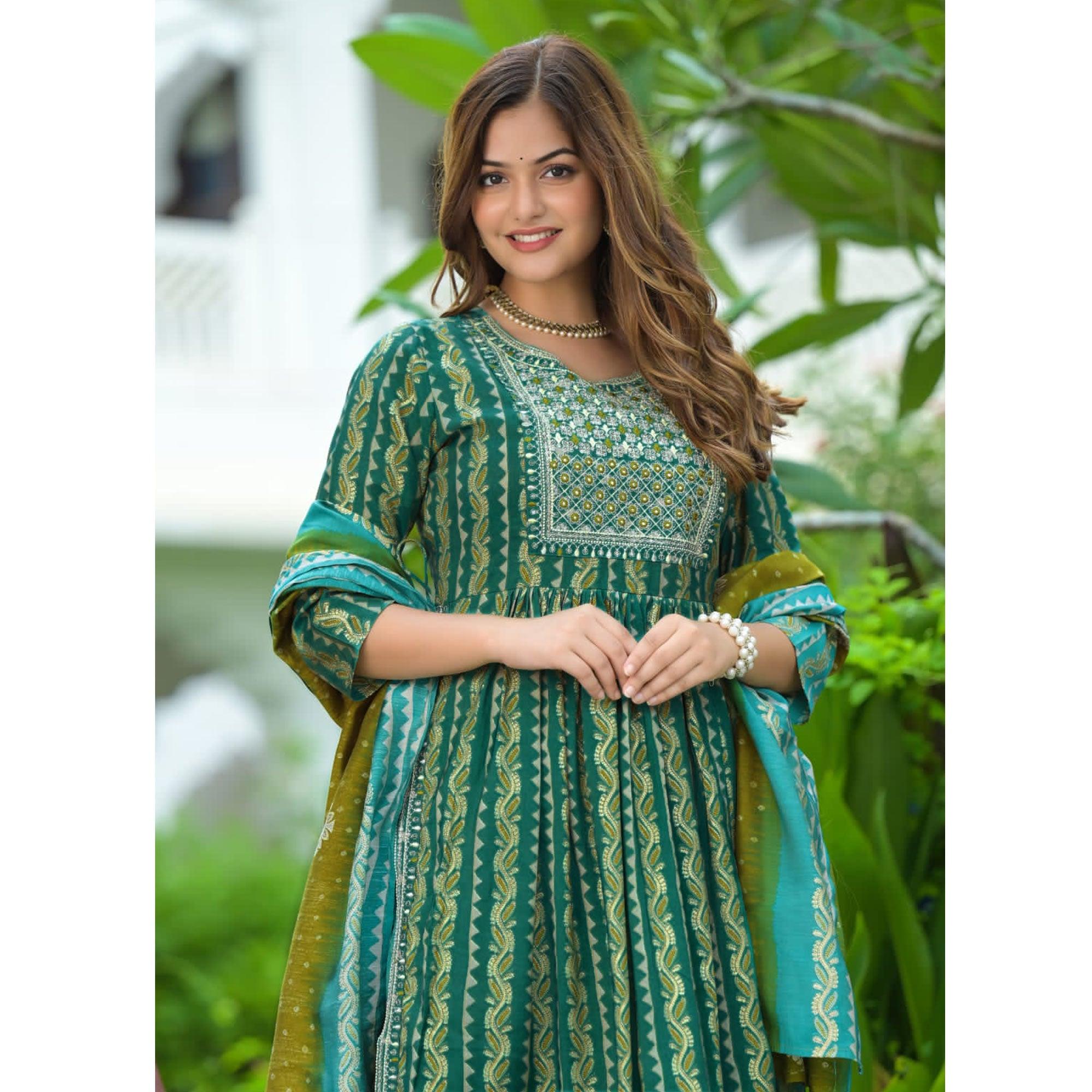 Blue Embroidered With Embellished Chanderi Salwar Suit - Peachmode