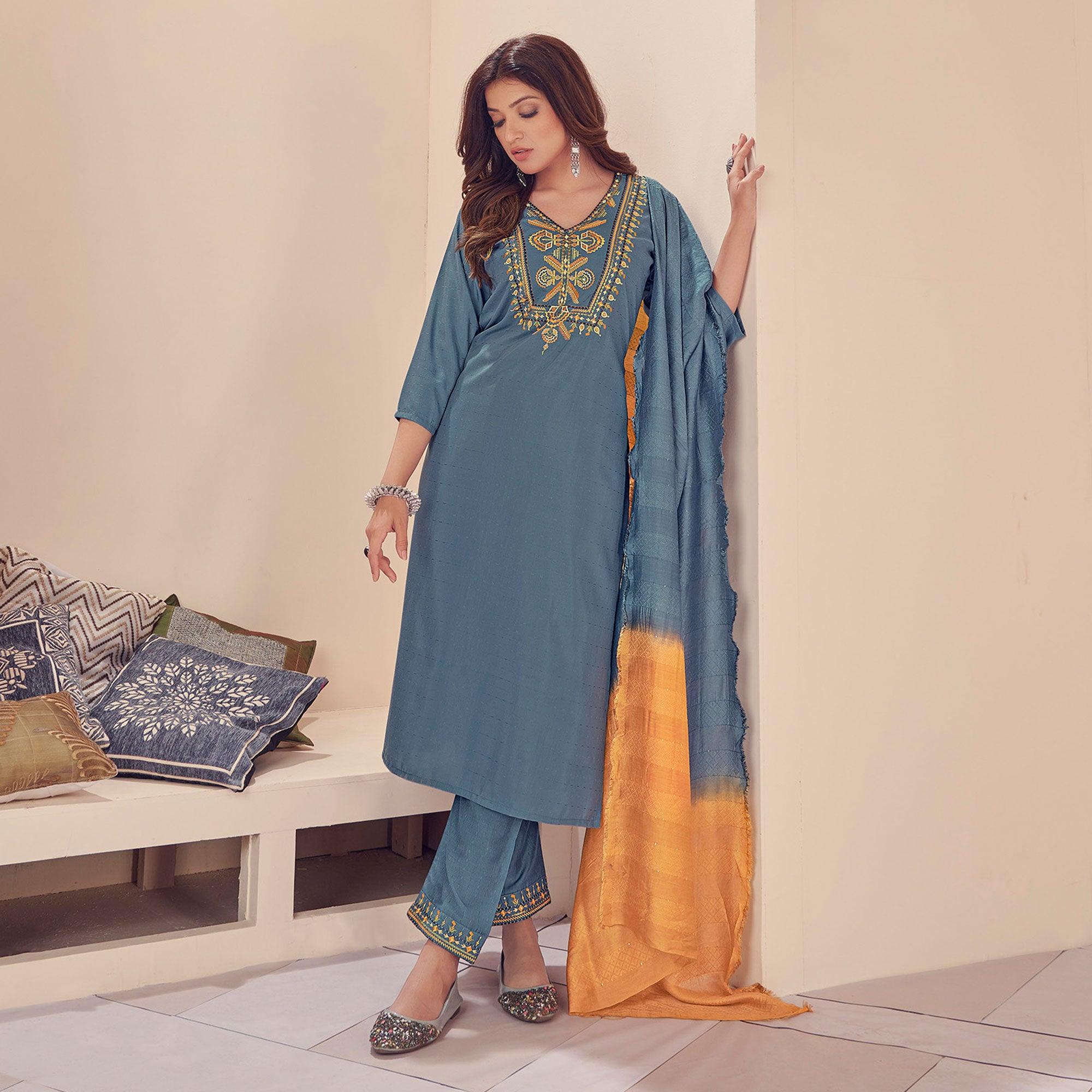 Blue Embroidered With Embellished Chiffon Kurti Pant Set With Dupatta - Peachmode
