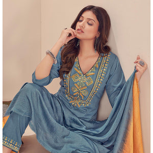 Blue Embroidered With Embellished Chiffon Kurti Pant Set With Dupatta - Peachmode