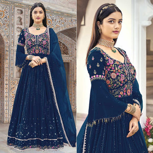 Blue Embroidered With Embellished Georgette Anarkali Style Gown - Peachmode