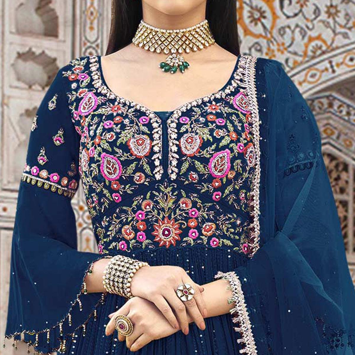 Blue Embroidered With Embellished Georgette Anarkali Style Gown - Peachmode