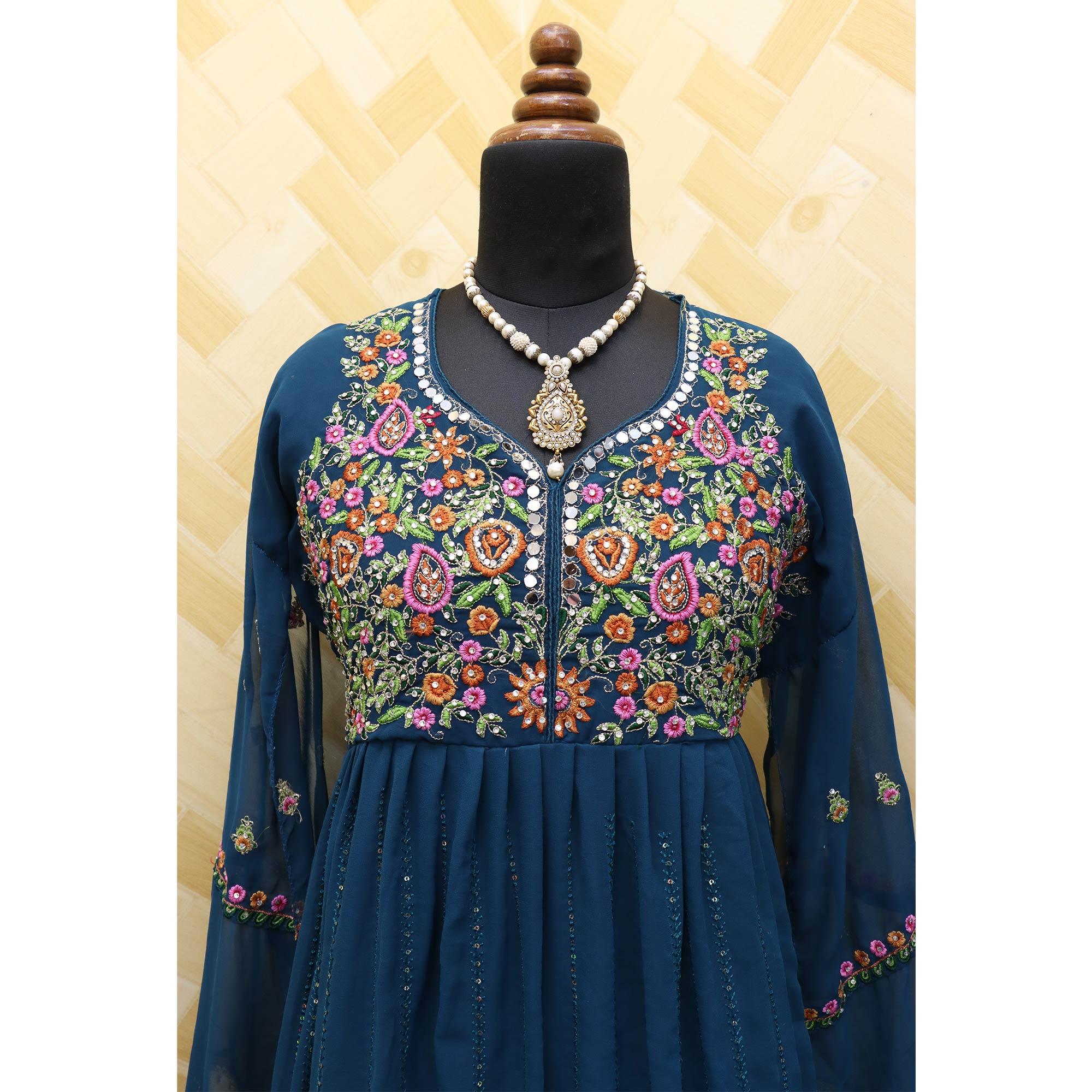 Blue Embroidered With Embellished Georgette Anarkali Style Gown - Peachmode