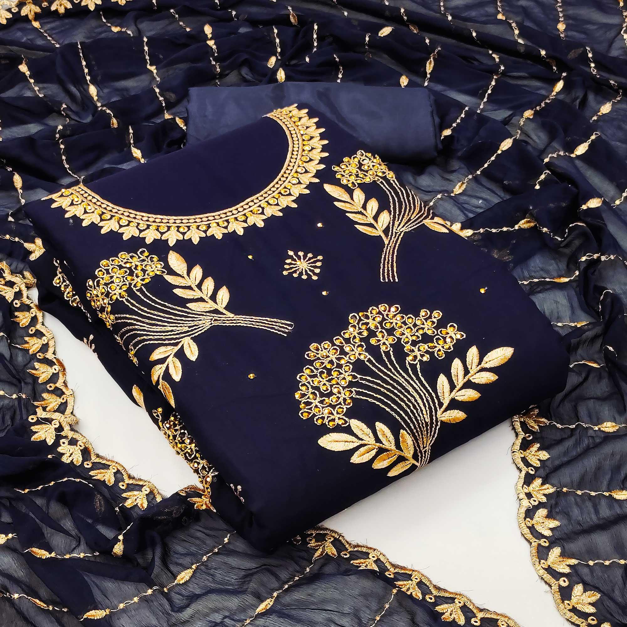 Blue Embroidered With Embellished Georgette Dress Material - Peachmode