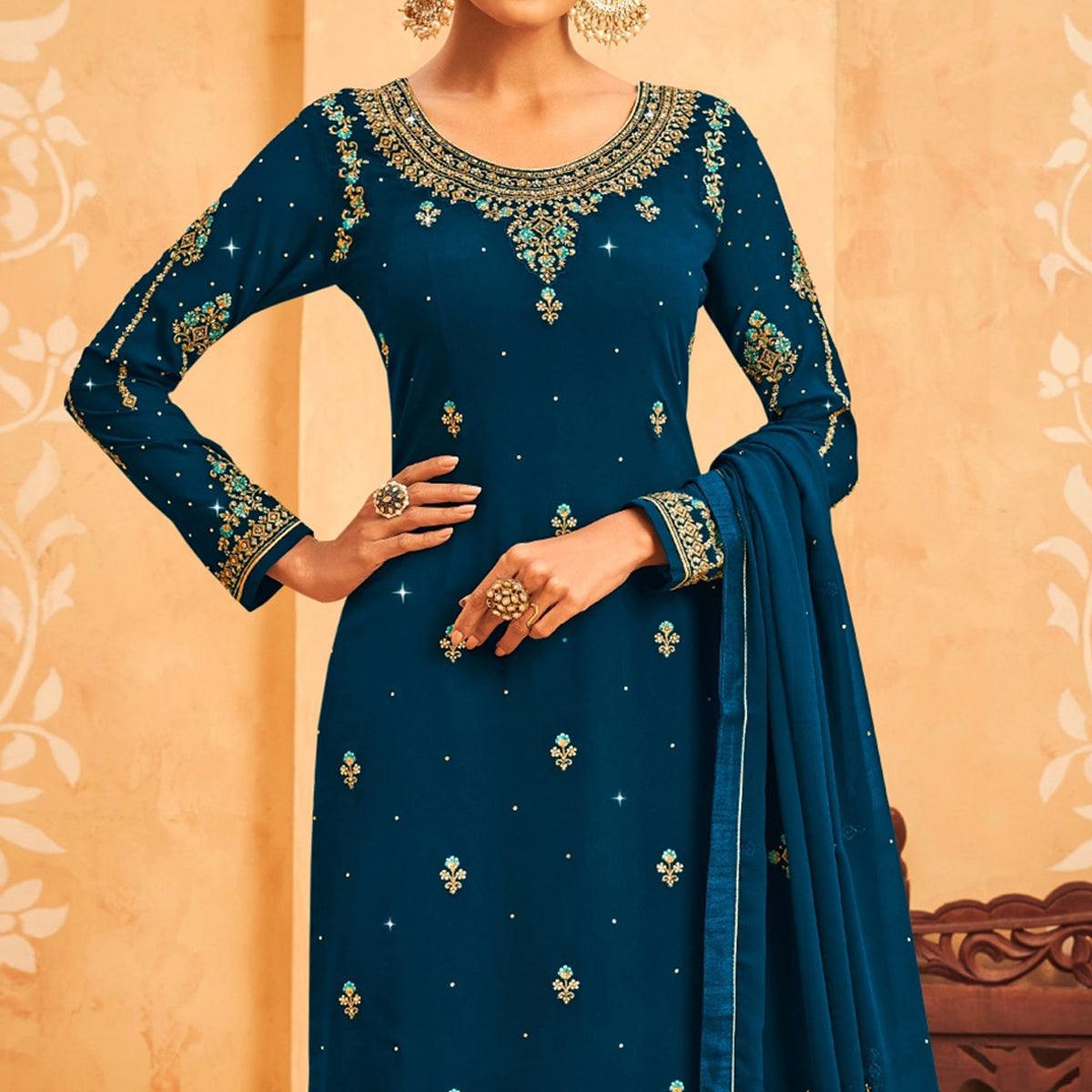 Blue Embroidered With Embellished Georgette Palazzo Suit - Peachmode