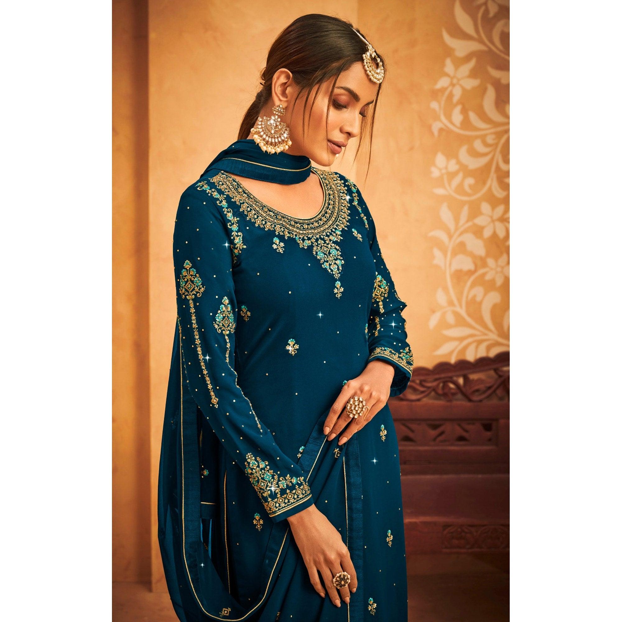 Blue Embroidered With Embellished Georgette Palazzo Suit - Peachmode