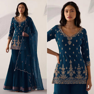 Blue Embroidered With Embellished Georgette Sharara Suit - Peachmode