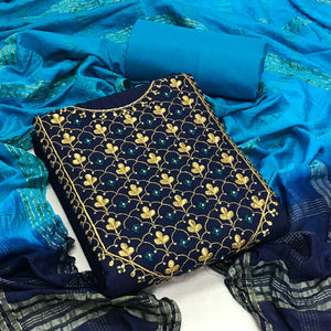 Blue Embroidered With Embellished Poly Cotton Dress Material - Peachmode