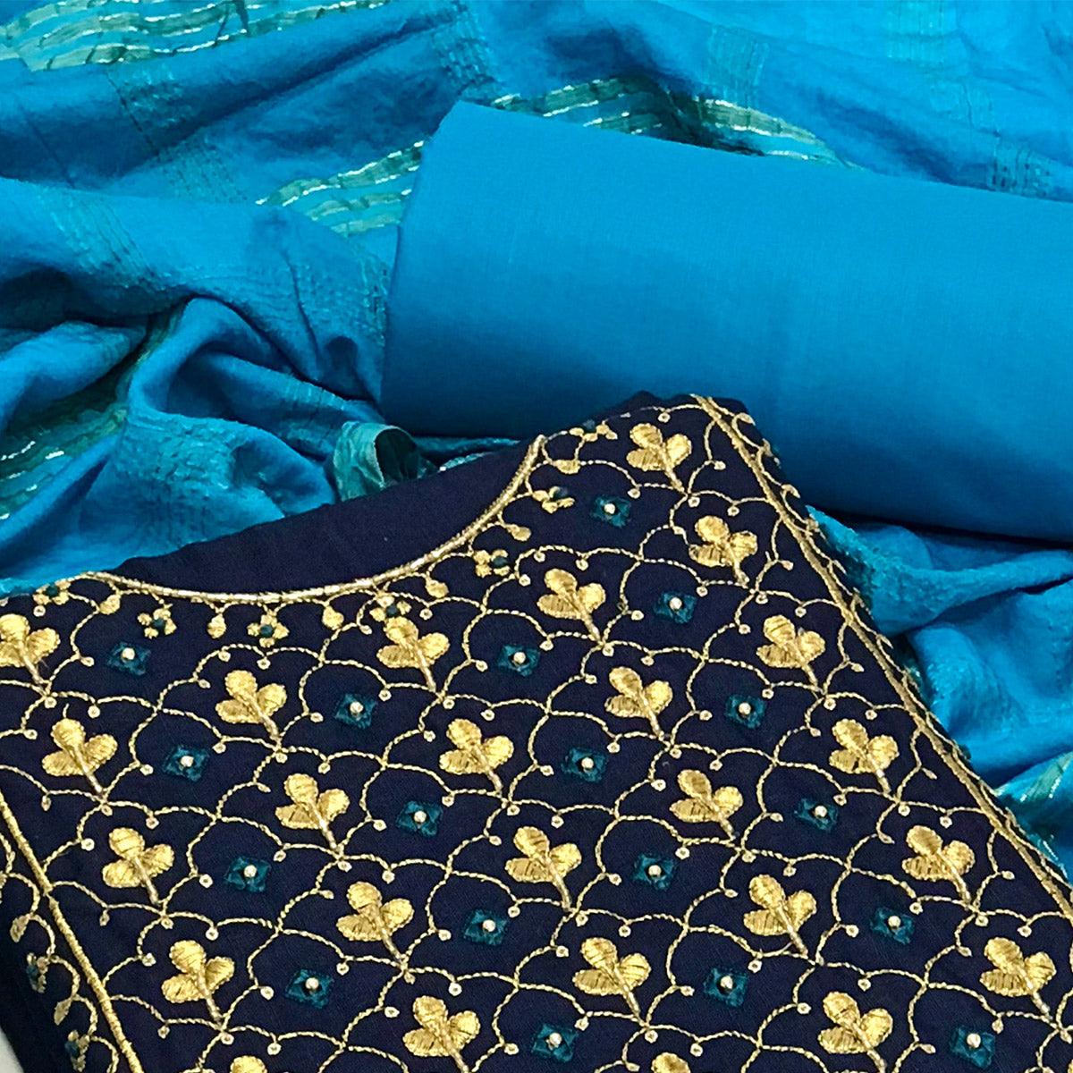 Blue Embroidered With Embellished Poly Cotton Dress Material - Peachmode