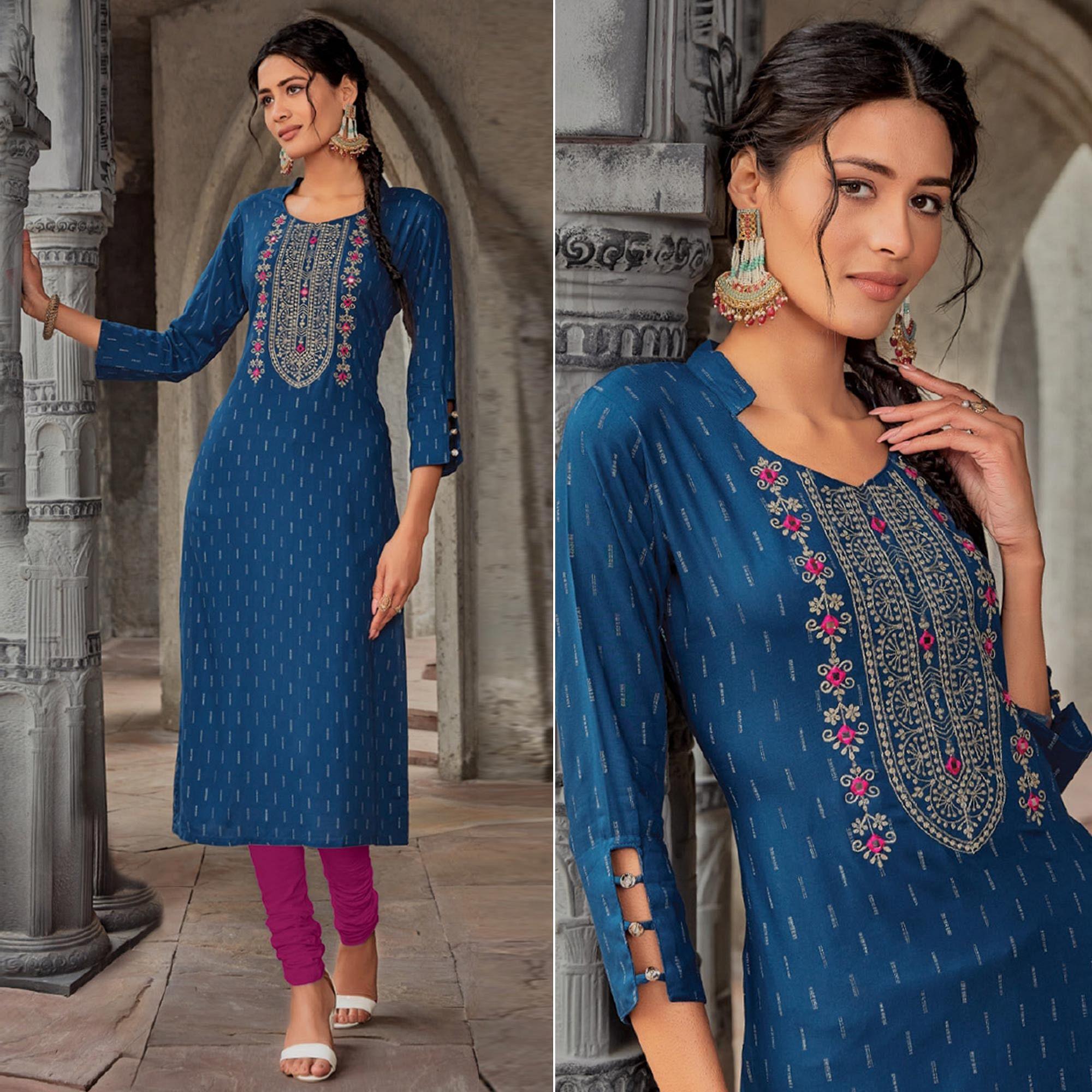 Blue Embroidered With Embellished Pure Cotton Kurti - Peachmode