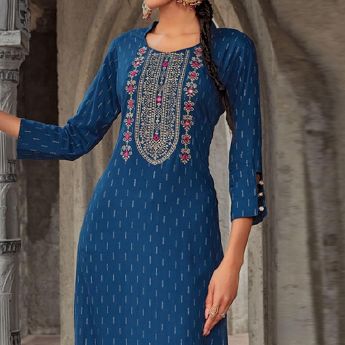 Blue Embroidered With Embellished Pure Cotton Kurti - Peachmode