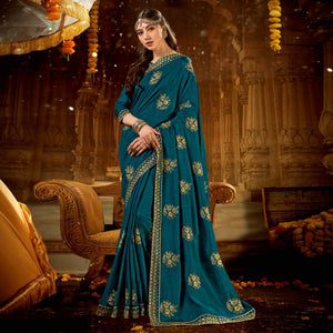 Blue Embroidered With Embellished Vichitra Silk Saree - Peachmode