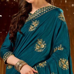 Blue Embroidered With Embellished Vichitra Silk Saree - Peachmode