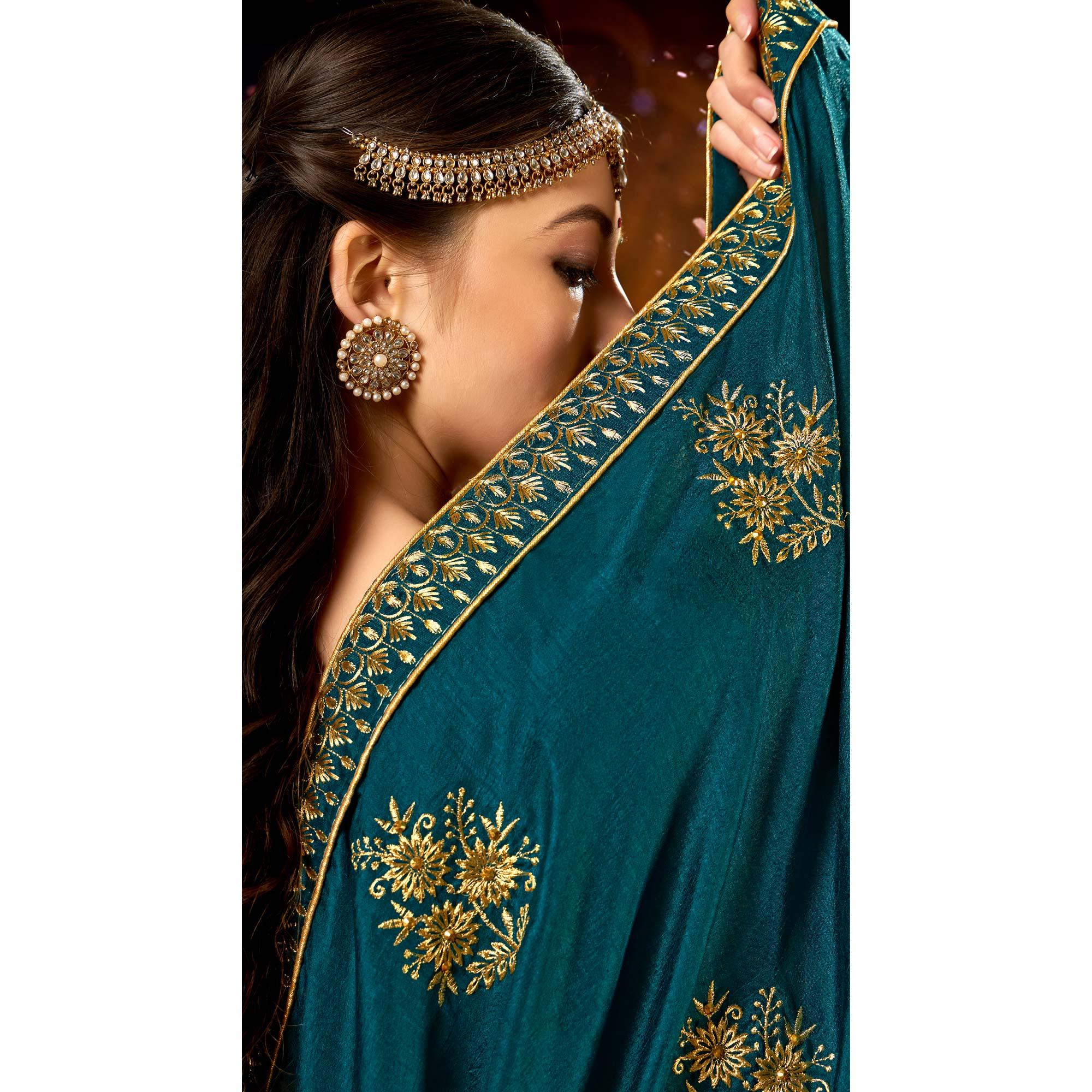 Blue Embroidered With Embellished Vichitra Silk Saree - Peachmode