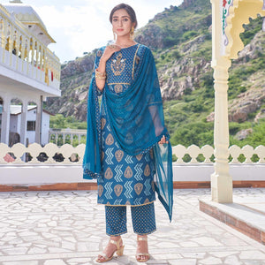 Blue Embroidered With Print Rayon Silk Partywear Suit - Peachmode