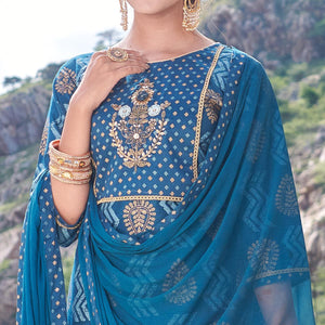 Blue Embroidered With Print Rayon Silk Partywear Suit - Peachmode