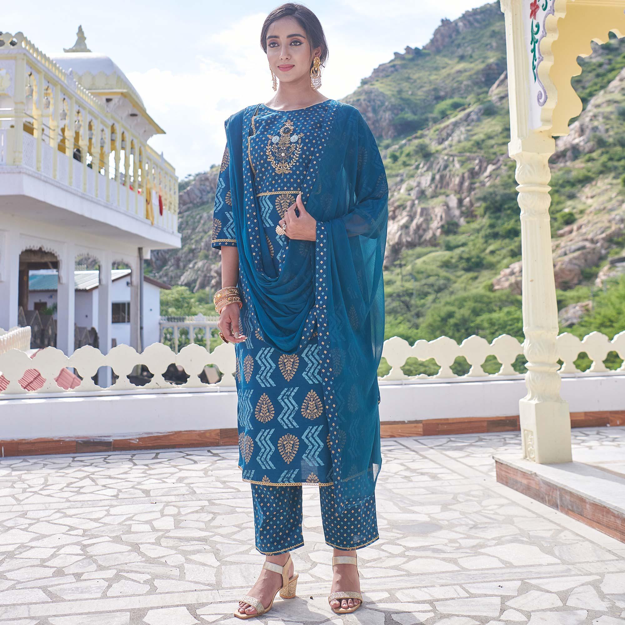 Blue Embroidered With Print Rayon Silk Partywear Suit - Peachmode