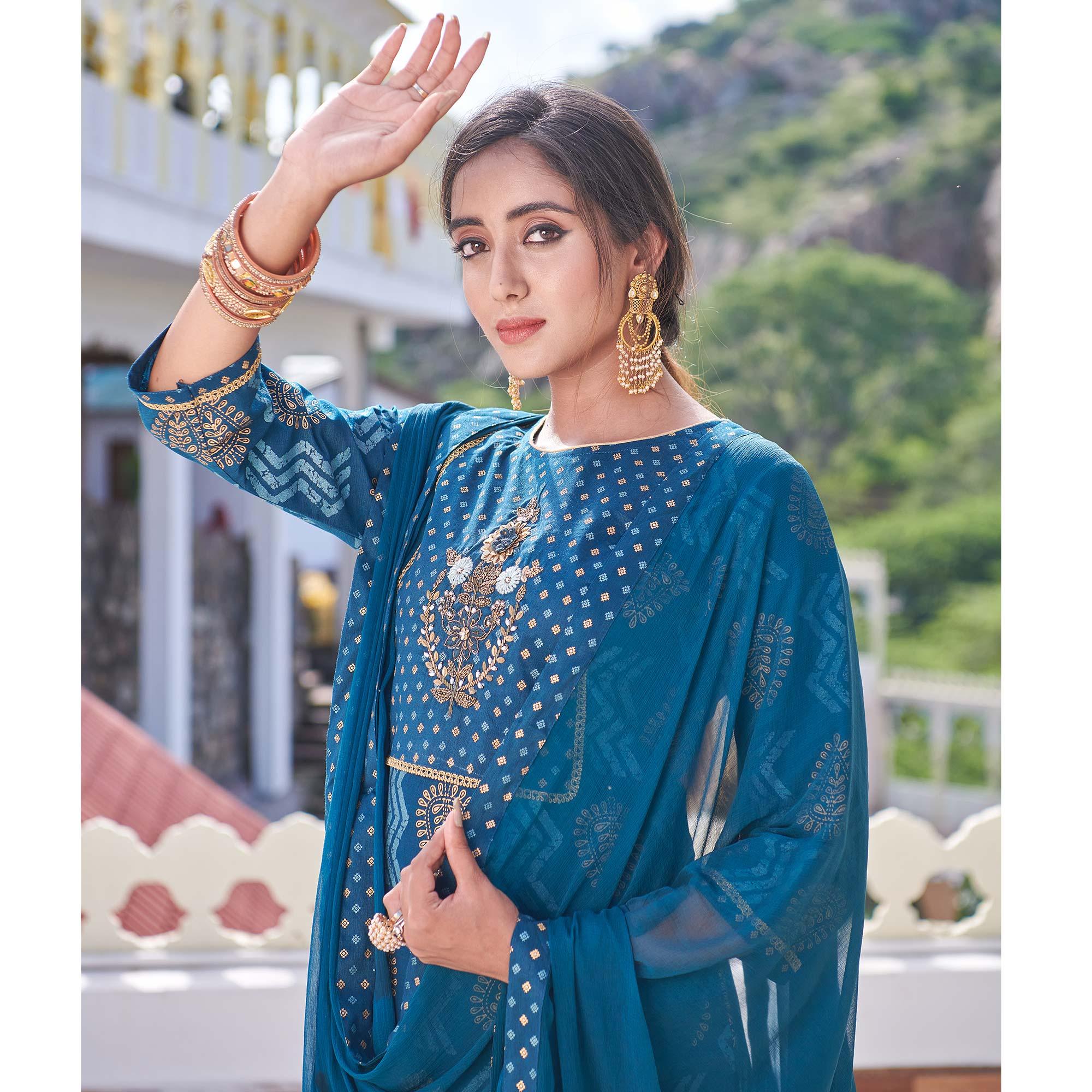 Blue Embroidered With Print Rayon Silk Partywear Suit - Peachmode