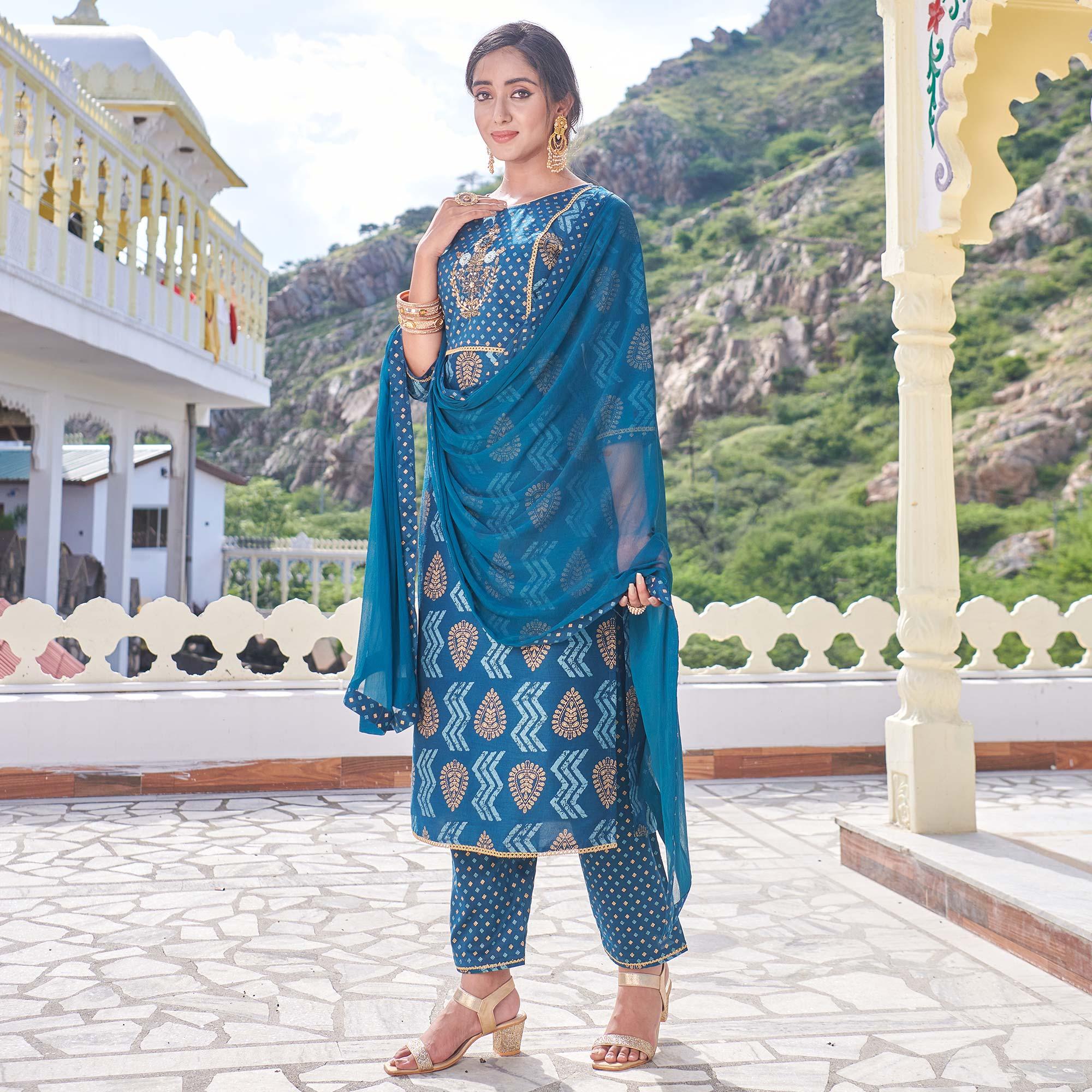 Blue Embroidered With Print Rayon Silk Partywear Suit - Peachmode