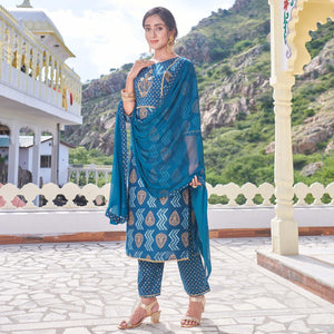 Blue Embroidered With Print Rayon Silk Partywear Suit - Peachmode