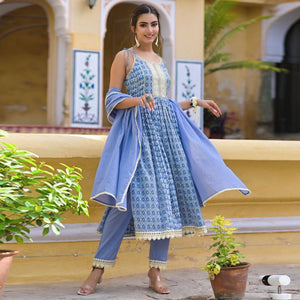 Blue Embroidered With Printed Cotton Anarkali Suit - Peachmode