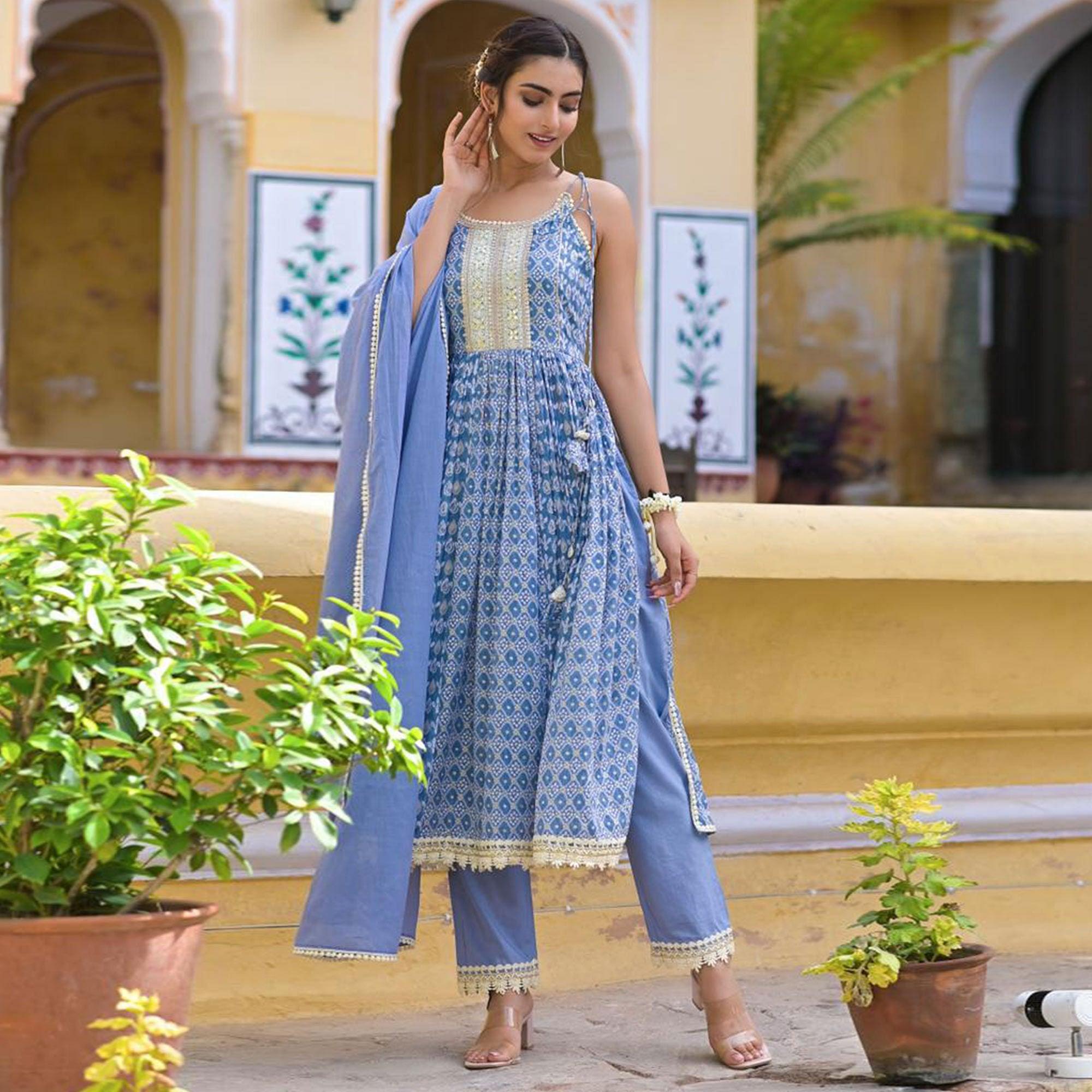 Blue Embroidered With Printed Cotton Anarkali Suit - Peachmode