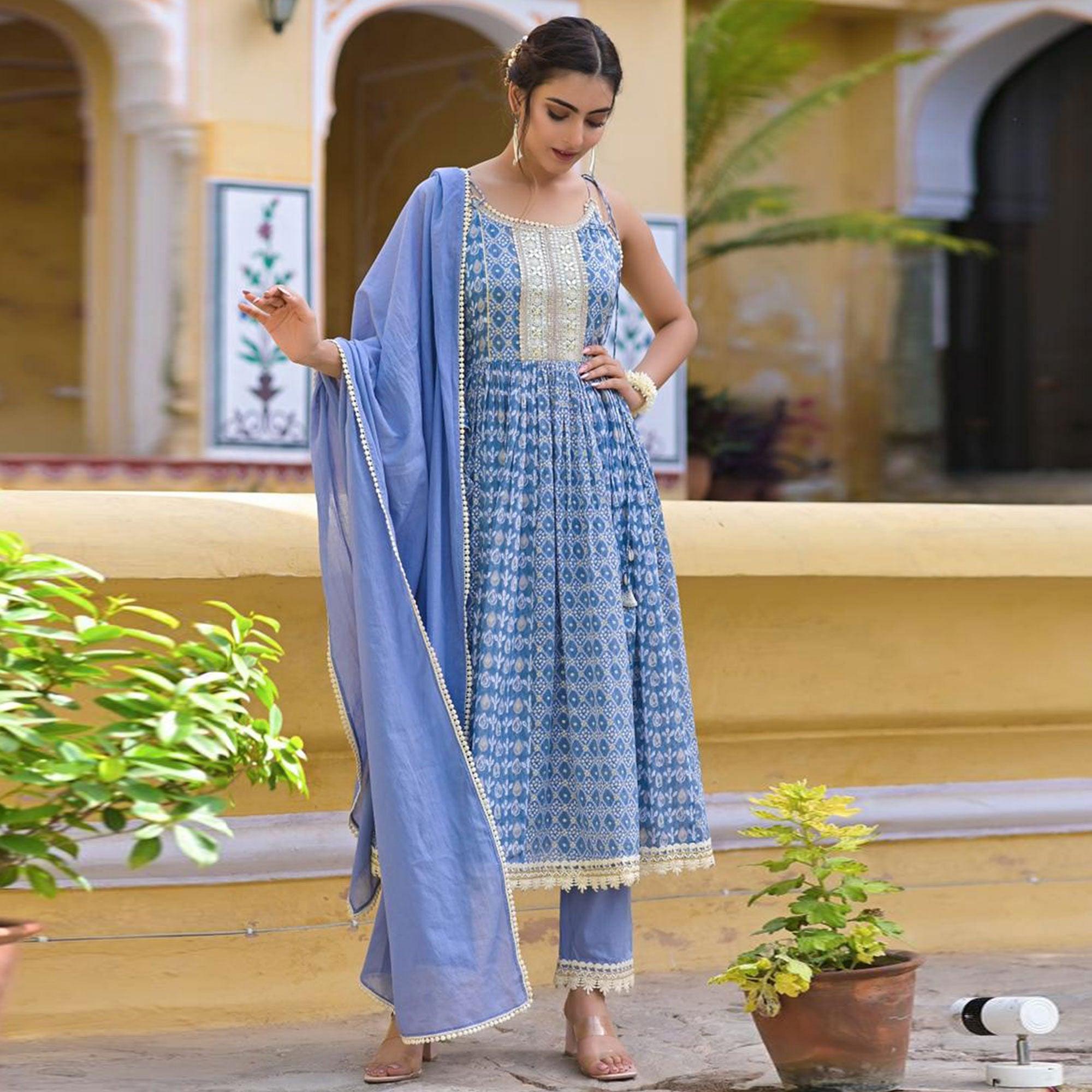 Blue Embroidered With Printed Cotton Anarkali Suit - Peachmode