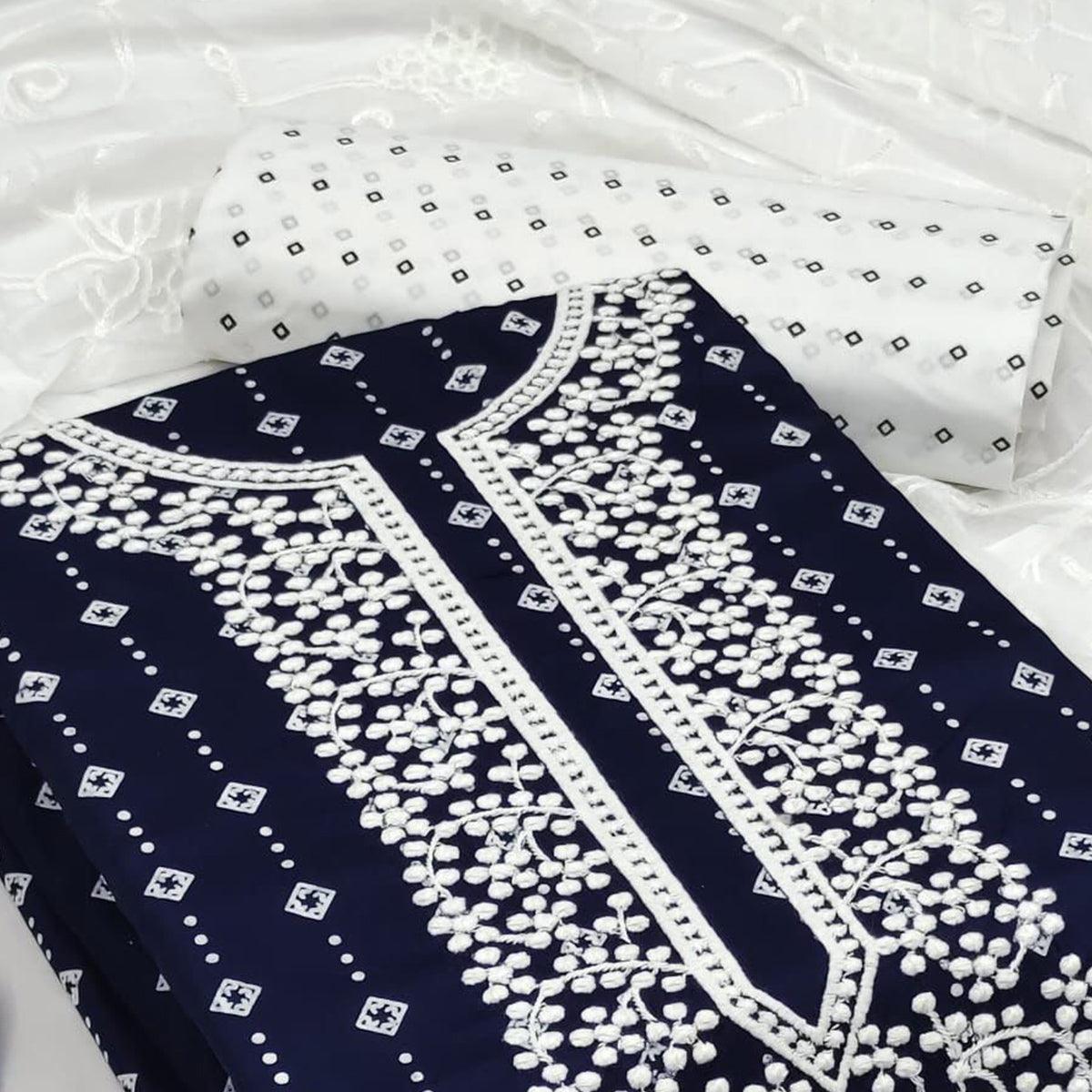 Blue Embroidered With Printed Rayon Dress Material - Peachmode