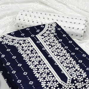 Blue Embroidered With Printed Rayon Dress Material - Peachmode